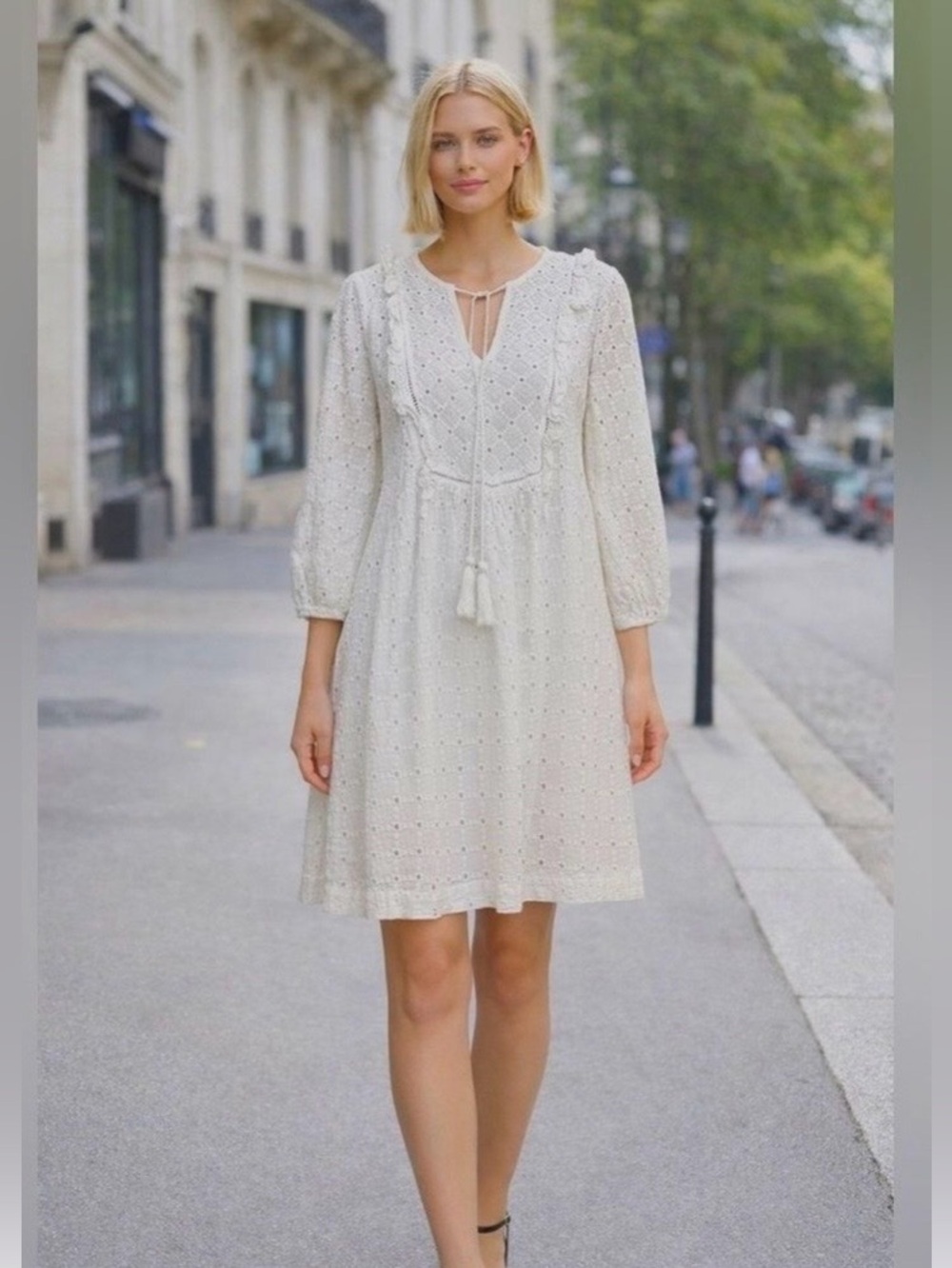 Anthropologie White Eyelet Tie-Neck Dress.